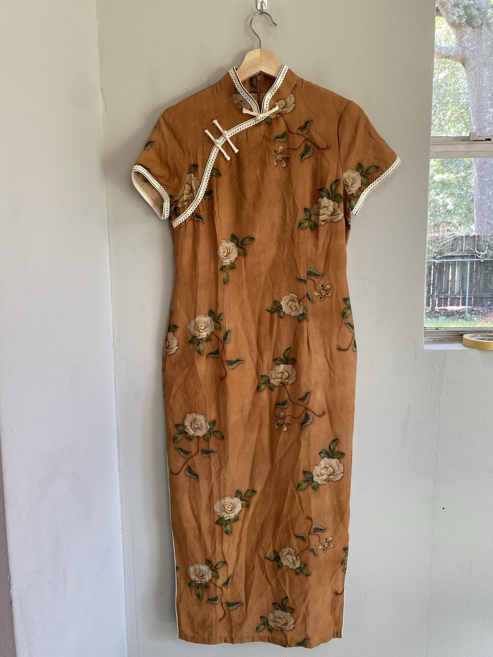 Floral Cheongsam Qipao Dress Brown Cream Mandarin Collar Women's M